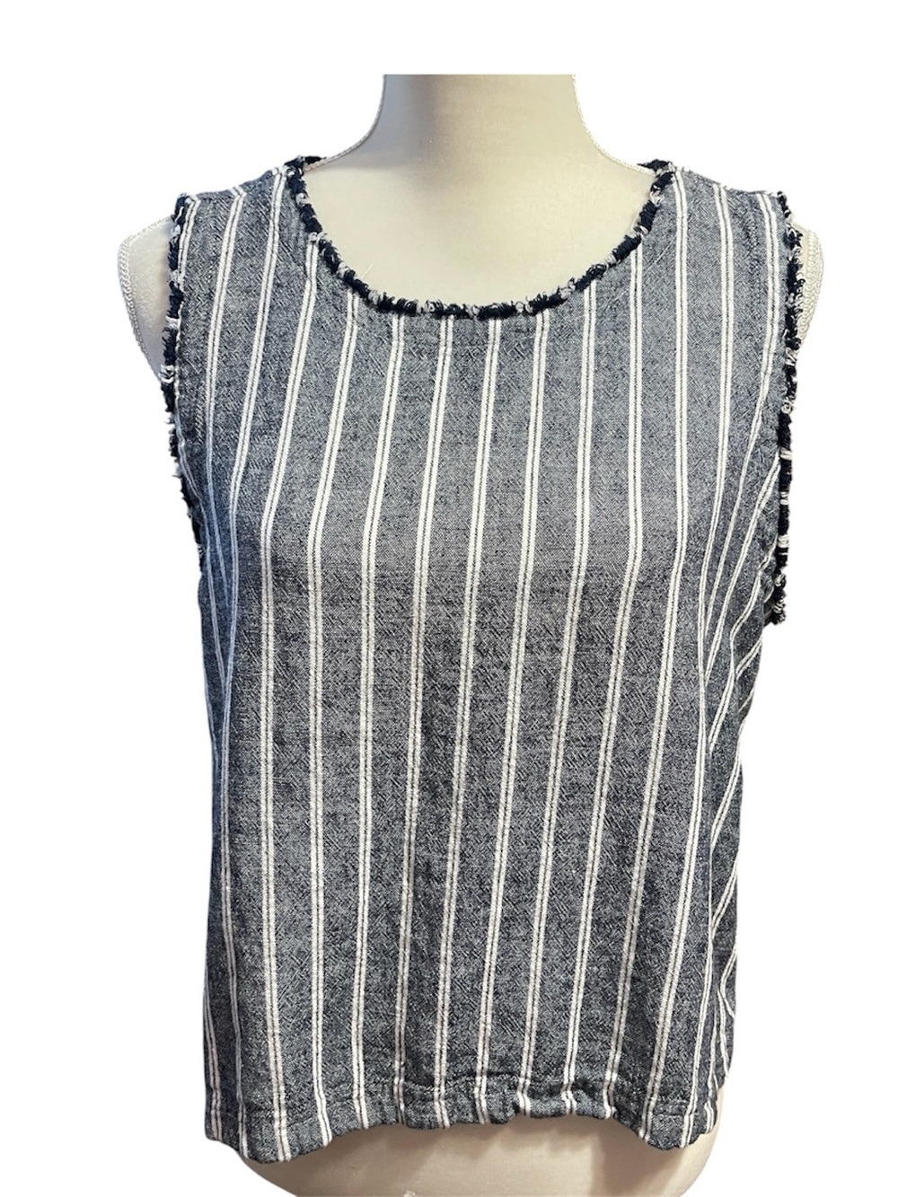 Loft Women Linen Rayon Striped Shirt Button Back Black White Size L Summer Beach